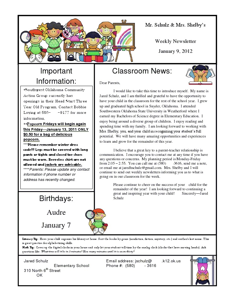 Beginning Of School Newsletter Ideas